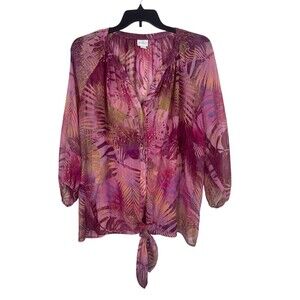 Jaclyn Smith 3X Sheer Tie Front Blouse Pink Purple Tropical Floral Metallic Top